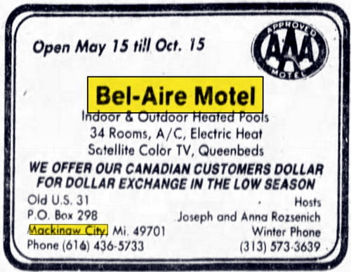 Bel-Aire Motel (Great Lakes Inn, Bel Aire Motel) - Apr 13 1985 Ad